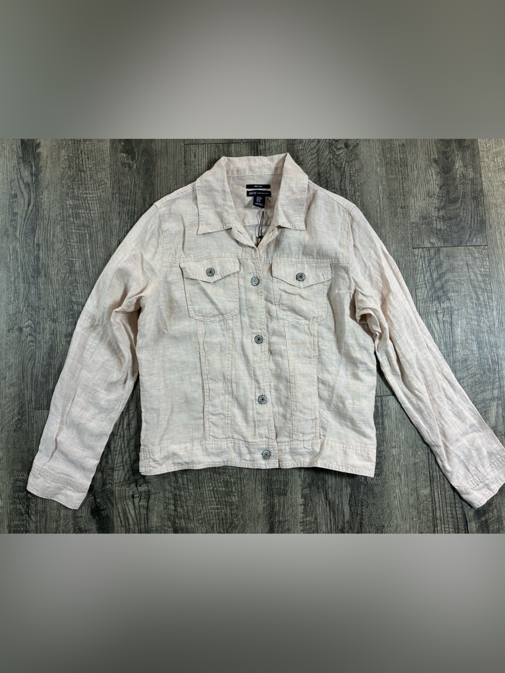 Jones New York 100% Linen Trucker Jacket Size Medium Pink/Beige Button Front